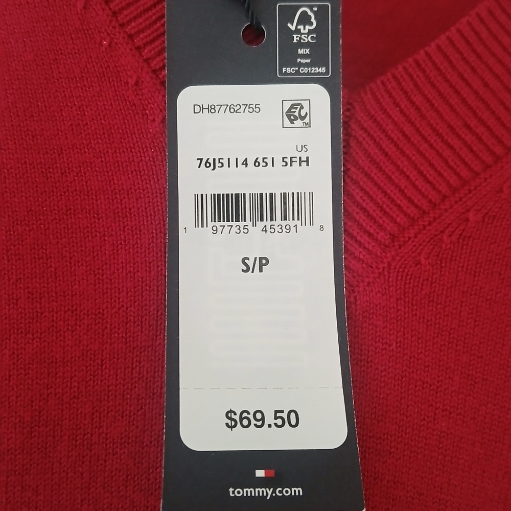 Tommy Hilfiger Red V-Neck Knit Pullover Classic Logo S/P - Picture 8 of 11